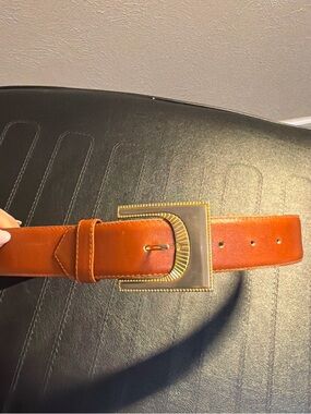 Classic Tan Leather Women Belt with Gold-Tone Unique Buckle